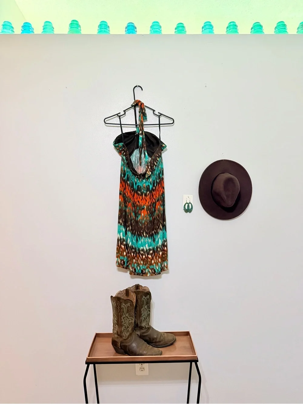 Alyx Teal, Orange and Brown Patterned Halter Dress